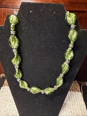 Green Glass Bead Necklace with Silver Accents - Brand Unspecified